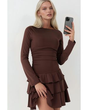 Hiccup Frilly Crew Neck Mini Dress - Brown