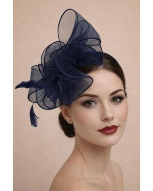 SVNX Rose Bouquet With Big Bow & Feather Fascinator - Blue
