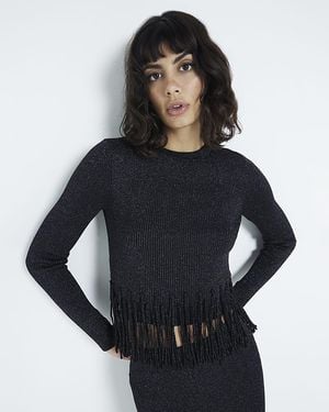 River Island Fringe Detail Ribbed Jumper - Blue