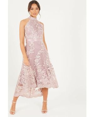 Quiz Pink Lace Dip Hem Dress