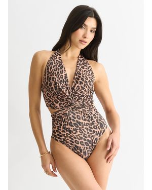 Gini London Animal Print Twisted Cut Out Halter Swimsuit - Brown