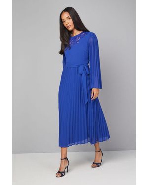 Wallis Pleated Floral Trim Midi Dress - Blue