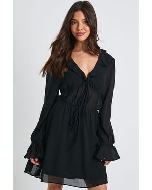 Boohoo Long Sleeve Ruched Mini Dress With Frill Detail - Black
