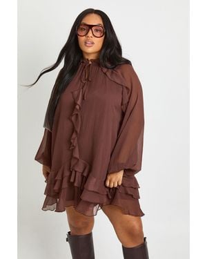 Boohoo Plus Chiffon Ruffle Smock Dress - Brown