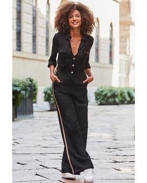 Sosandar Camel Side Stripe Button Front Jumpsuit - Black
