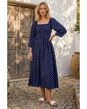 Roman Spot Shirred Midi Dress - Blue