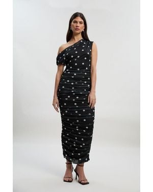 Karen Millen Polka Dot Mesh One Shoulder Ruched Midi Dress - Black