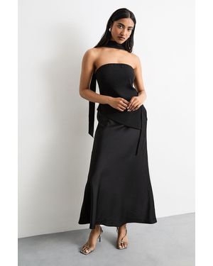 Warehouse Strapless Structured Bodice Satin Midi Dress - Black