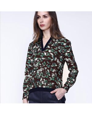 Smart & Joy Satin Col-v Blouse En Bladeren Print - Blauw