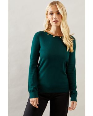 Wallis Petite Button Neck Crew Jumper - Green