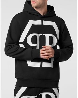 Philipp Plein Hoodies & Sweatvesten ,Zwart ,Katoen Hooded Sweatshirt Hexagon