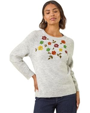 Roman Floral Embroidered Knit Jumper - Grey