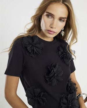 River Island T-Shirt Short Sleeve 3D Flower Diamante Cotton - Black