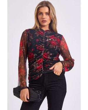 Gini London Mesh Printed Ruched Front Top - Red