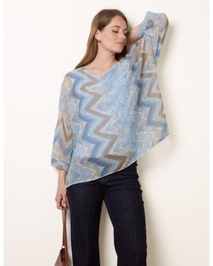 Blue Vanilla Zig Zag Round Neck Oversized Top - Blue