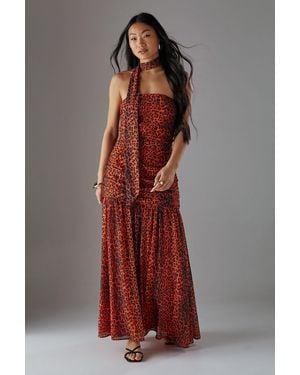 Warehouse Petite Chiffon Neck Tie Bandeau Ruched Maxi Dress - Brown