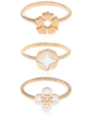 Tory Burch Set Van Drie Ringen Met Klaverlogo - Wit