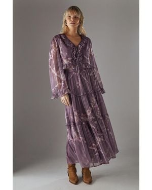 Warehouse Metallic Chiffon Tier Maxi Skirt - Purple