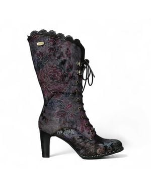 Laura Vita Alcbane 0351 Floral Gothic Victorian Leather Heeled High Boots - Black