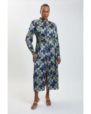 Karen Millen Plus Size Geo Print Hammered Satin Tie Waist Woven Midi Dress - Blue