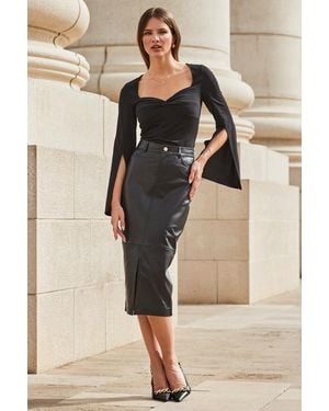 Sosandar Leather Pencil Skirt With Split - Natural