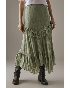 Warehouse Lace Ruffle Tier Maxi Skirt - Green