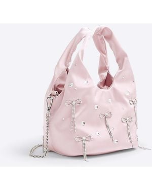River Island Grab Bag Satin Diamante Bow - Pink
