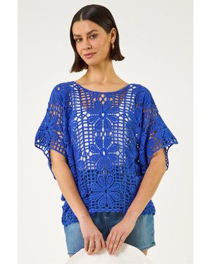 Roman Floral Crochet Knit Top - Blue
