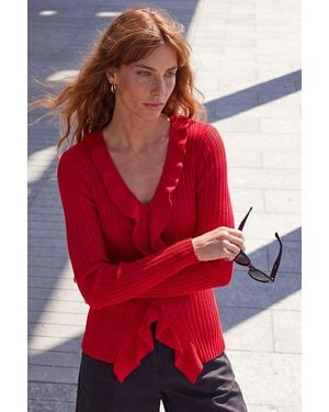 Roman Frill Trim Ribbed Knit Top - Red