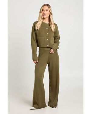 Boohoo Petite Pocket Detail Crew Neck Knitted Cardigan And Wide Leg Trouser - Green