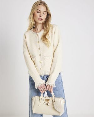 River Island Cardigan Boucle Long Sleeve Fringed Cotton - Blue