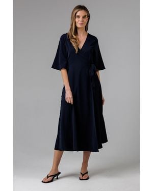 French Connection V- Neck Bell Sleeve Wrap Tie Crepe Midi Dress - Blue