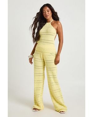 Boohoo Crochet Knit Halterneck Top And Wide Leg Trouser Co-Ord - Yellow