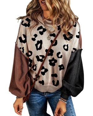 Azura Exchange Coffee Leopard Print Colourblock Pullover Jumper - Brown