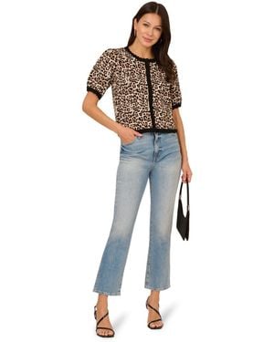 Adrianna Papell Crew Neck Patterned Short Sleeve Cardigan Jumper - Blue