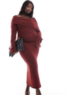 ASOS Design Knitted Midi Dress With Bardot Wrap Detail - Red