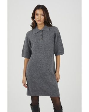Brave Soul Button Collar Knitted Mini Dress - Grey