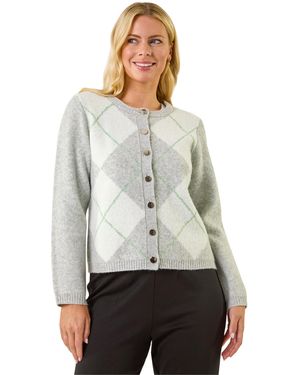 Roman Petite Argyle Buttoned Knit Cardigan - Grey