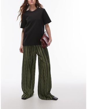 TOPSHOP Stripe Plisse Wide Leg Trousers - Green