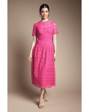 Wallis Lace Button Detail Drop Hem Midi Dress - Pink