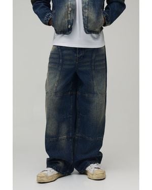 BoohooMAN Baggy Rigid Bleach Washed Panelled Denim Jeans - Blue