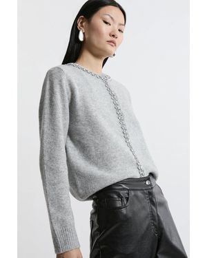 Karen Millen Embellished Trim Cosy Knit Cardigan - Grey