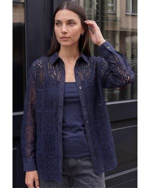 Roman Lace Button Through Collared Shirt - Blue