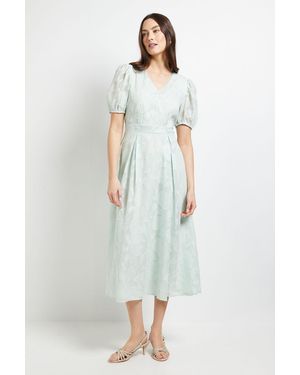 PRINCIPLES Floral Jacquard Puff Sleeve Midi Dress - White