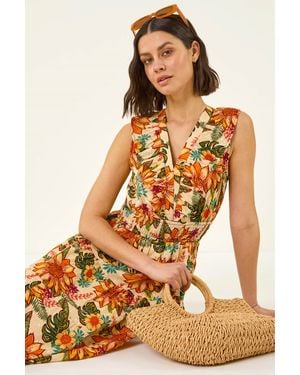 Roman Floral Print Frill V-Neck Maxi Dress - Orange