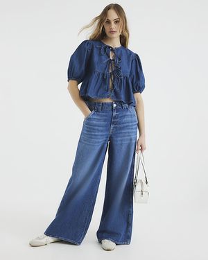 River Island Top Denim Puff Sleeve Tie Front Cotton - Blue