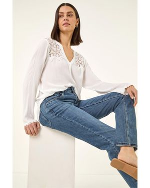 Roman Lace Shoulder V-Neck Blouse - Blue