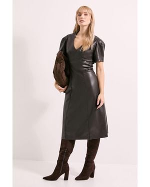 PRINCIPLES V Neck Fit & Flare Pu Midi Dress - Black