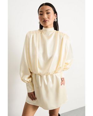 Warehouse Petite Extreme Shoulder Draped Satin Mini Dress - Natural