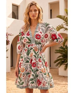 Roman Floral Tiered Boho Dress - Brown
